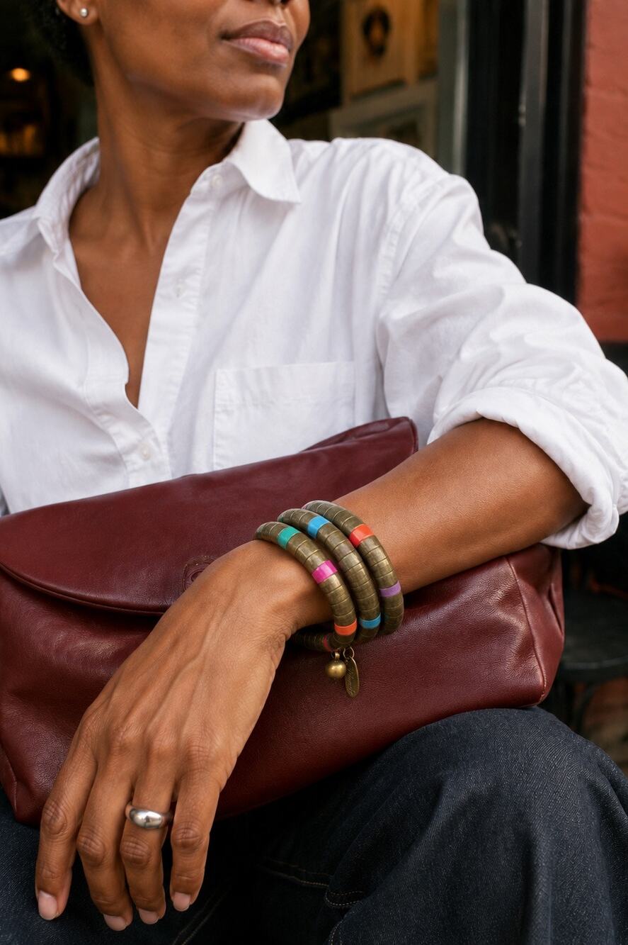 Plunder Chunky Brass Coil Wrap Bracelet Multicolor Enamel Charm